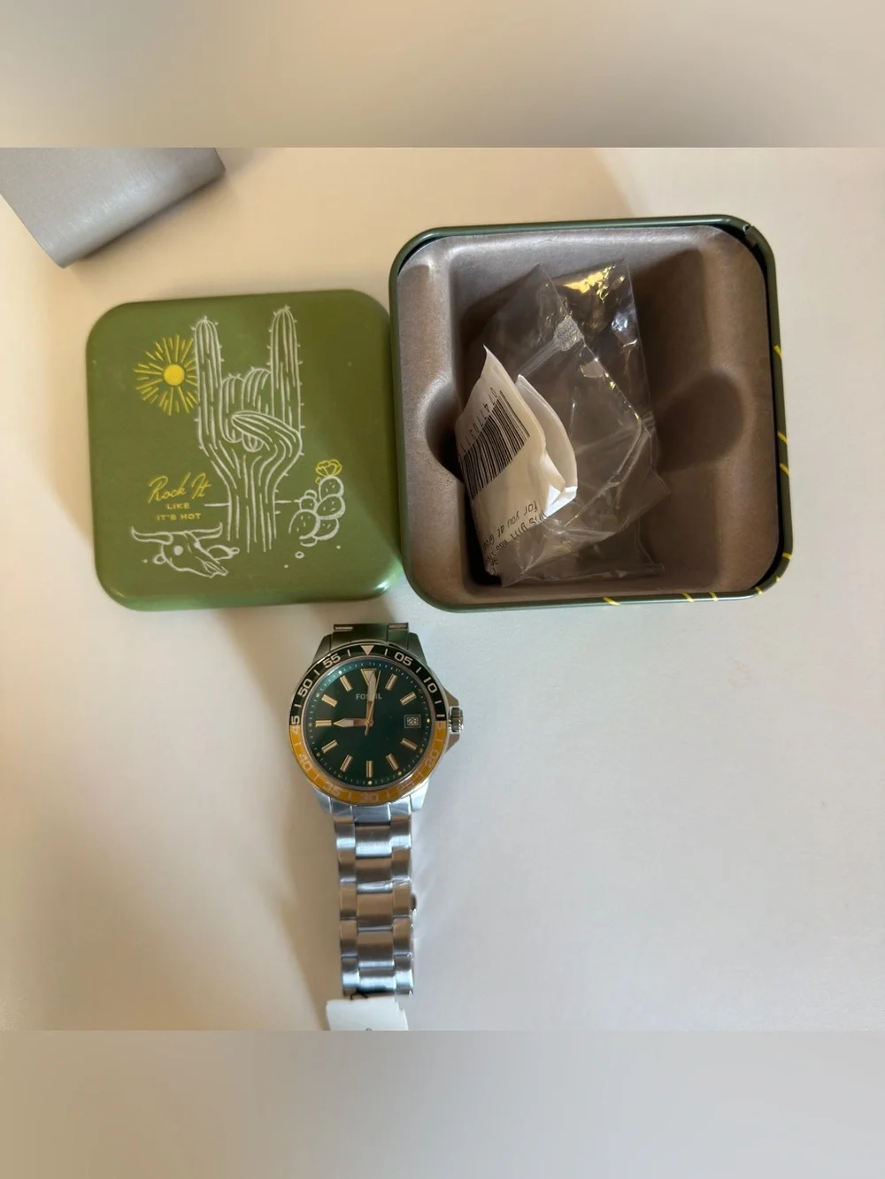 Fossil Men's Green Dial Stainless Steel Bracelet Watch with Yellow Accent BQ2506